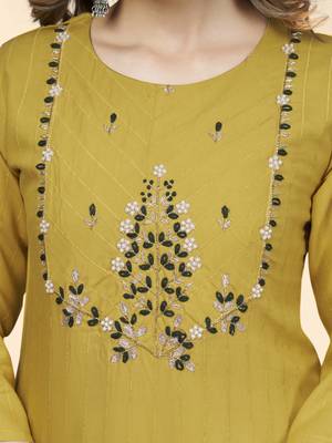 Vbuyz Women'S Hand Work Straight Viscose Yellow Stitched Kurta 7