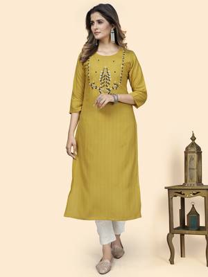 Vbuyz Women'S Hand Work Straight Viscose Yellow Stitched Kurta 8