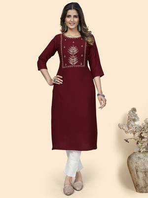 Vbuyz Women'S Hand Work Straight Viscose Red Stitched Kurta 1
