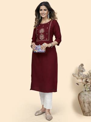 Vbuyz Women'S Hand Work Straight Viscose Red Stitched Kurta 2