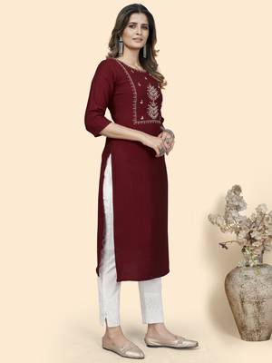 Vbuyz Women'S Hand Work Straight Viscose Red Stitched Kurta 5