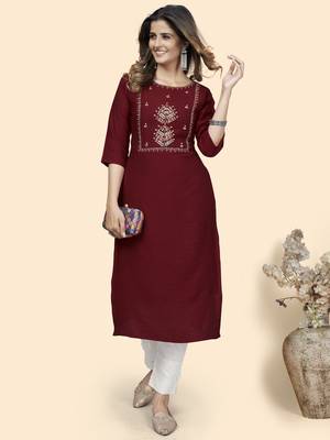 Vbuyz Women'S Hand Work Straight Viscose Red Stitched Kurta 8