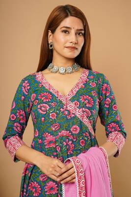 Teal-green printed cotton cotton-kurtis 2