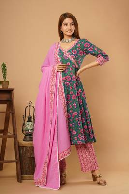Teal-green printed cotton cotton-kurtis 1