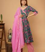 Teal-green printed cotton cotton-kurtis