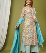 Sky-blue printed cotton cotton-kurtis