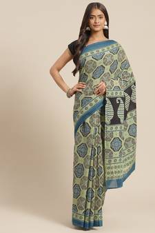 Olive printed cotton saree with blouse