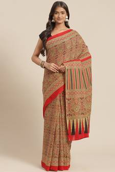 Red printed cotton saree with blouse