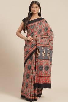Olive printed cotton saree with blouse