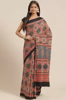 Olive printed cotton saree with blouse