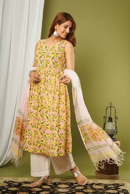 Yellow printed cotton cotton-kurtis 2