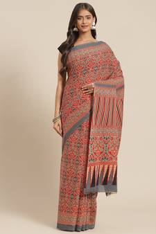Red printed cotton saree with blouse