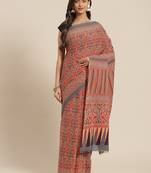 Red printed cotton saree with blouse