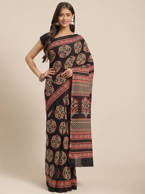 Black printed cotton saree with blouse 1