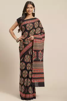 Black printed cotton saree with blouse