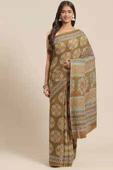 Olive printed cotton saree with blouse