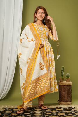 Yellow printed cotton cotton-kurtis 1