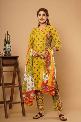 Yellow printed cotton cotton-kurtis 1
