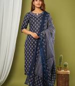 Blue embroidered cotton cotton-kurtis