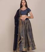 Navy Bue Thread Work Semi Stitched Lehenga & Unstitched Blouse With Dupatta