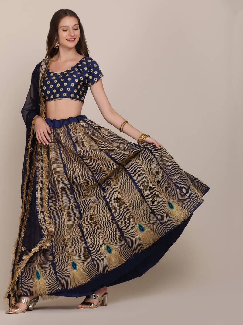 Navy Bue Thread Work Semi Stitched Lehenga & Unstitched Blouse With Dupatta