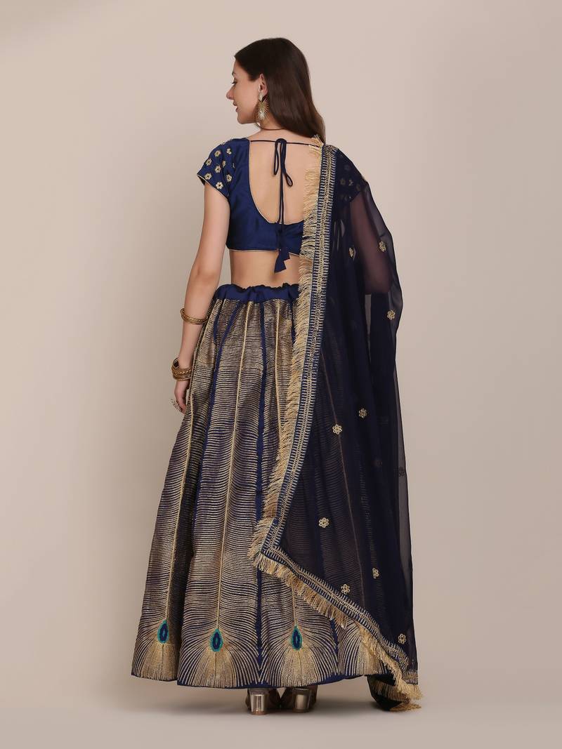 Navy Bue Thread Work Semi Stitched Lehenga & Unstitched Blouse With Dupatta