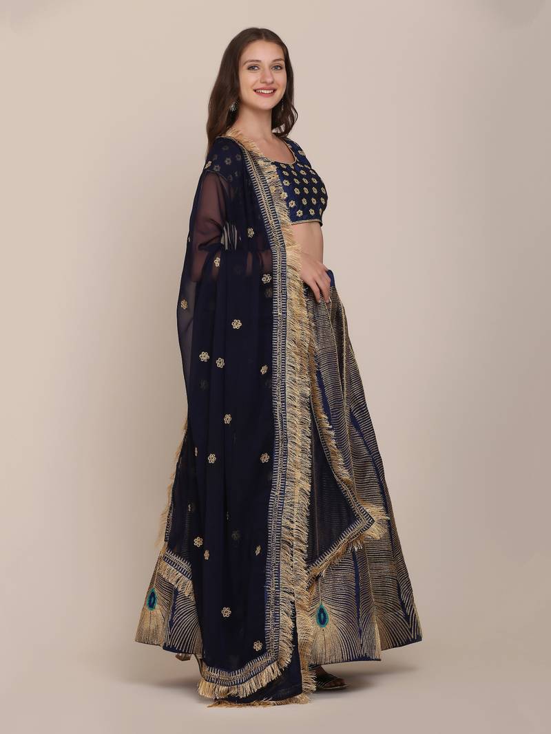 Navy Bue Thread Work Semi Stitched Lehenga & Unstitched Blouse With Dupatta