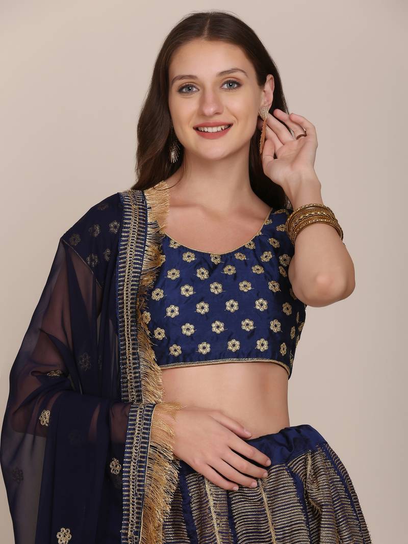 Navy Bue Thread Work Semi Stitched Lehenga & Unstitched Blouse With Dupatta