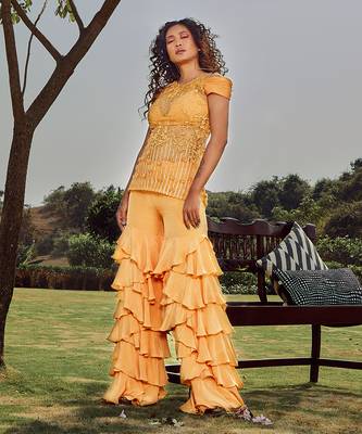 Yellow Amber Tulle Silk Layered Co Ord Set 1
