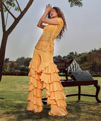 Yellow Amber Tulle Silk Layered Co Ord Set 3