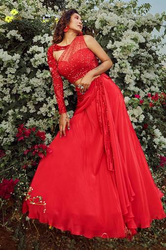 Scarlet Red Twisted Drape Lehenga 