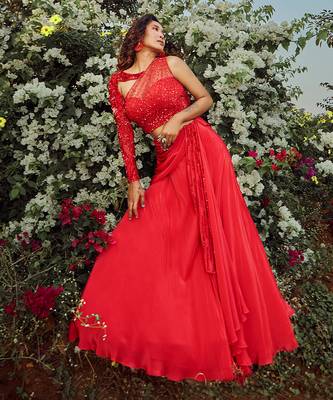 Scarlet Red Twisted Drape Lehenga  1