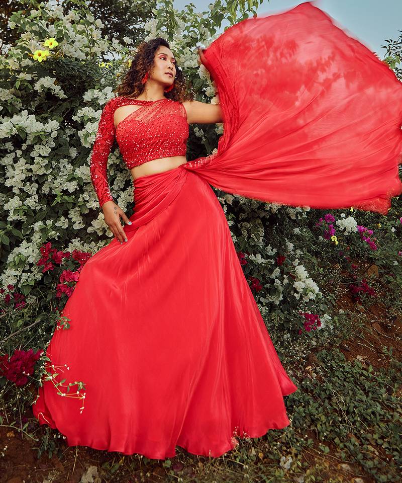 Scarlet Red Twisted Drape Lehenga 