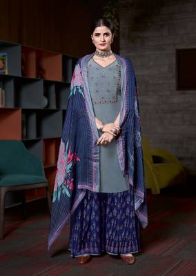 Grey Heavy Embroidery Work Natural Crepe unstitched Kameez Plazzo cotton salwar suit 1