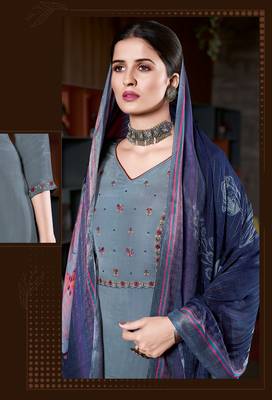 Grey Heavy Embroidery Work Natural Crepe unstitched Kameez Plazzo cotton salwar suit 2