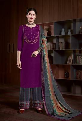 Purple Heavy Embroidery Work Natural Crepe unstitched Kameez Plazzo cotton salwar suit 1