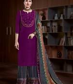 Purple Heavy Embroidery Work Natural Crepe unstitched Kameez Plazzo cotton salwar suit