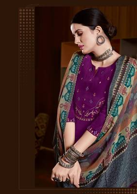 Purple Heavy Embroidery Work Natural Crepe unstitched Kameez Plazzo cotton salwar suit 2