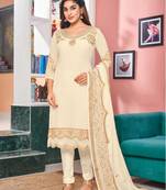 Off White Designer Embroidery,Stone Work Faux Georgette unstitched Kameez pant silk salwar suit