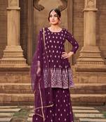 Purple Heavy Designer Embroidery Work Georgette unstitched Kameez Sharara Designer Salwar Kameez