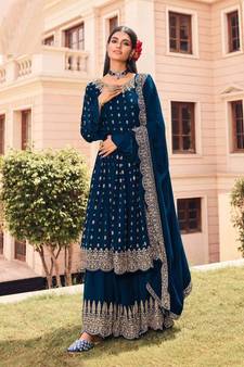 Blue Heavy Designer Embroidery Work Faux Georgette unstitched Kameez Sharara salwar suit