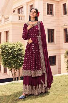 Maroon Heavy Designer Embroidery Work Faux Georgette unstitched Kameez Sharara salwar suit