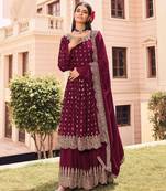 Maroon Heavy Designer Embroidery Work Faux Georgette unstitched Kameez Sharara salwar suit