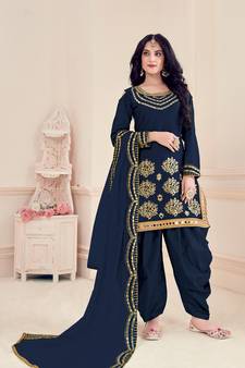 Blue Designer Real Mirror Embroidery Work Bitalian Soft Silk unstitched Designer Plazzo silk salwar suit