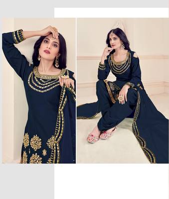 Blue Designer Real Mirror Embroidery Work Bitalian Soft Silk unstitched Designer Plazzo silk salwar suit 2