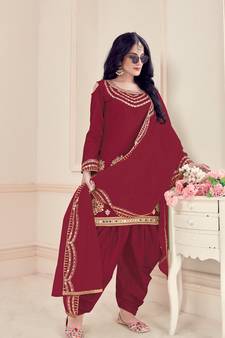 Maroon Designer Real Mirror Embroidery Work Bitalian Soft Silk unstitched Designer Plazzo silk salwar suit