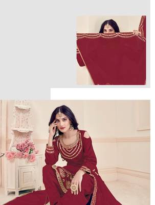 Maroon Designer Real Mirror Embroidery Work Bitalian Soft Silk unstitched Designer Plazzo silk salwar suit 2