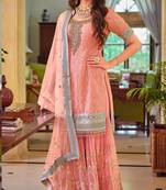 SalmonHeavy Designer Sequance Embroidery WorkFaux Georgette unstitched Designer Sharara party-wear-salwar-kameez