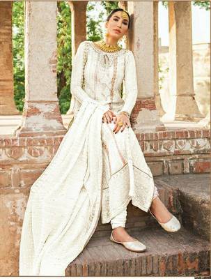 WhiteHeavy Designer Embroidery,Diamond WorkFaux GeorgetteunstitchedKameezpantparty wear salwarsuit 2
