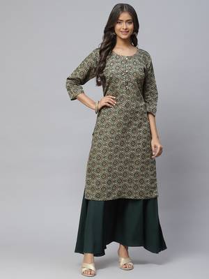 Green printed cotton
 ethnic-kurtis 1